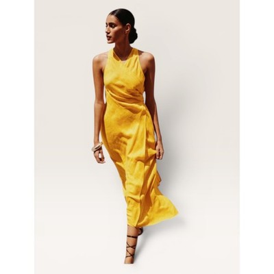 Three Graces London Linnea Dress in Sunny Yellow Linen Midi Wrap Size 6
