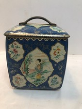 Vintage Tea Caddy Tin Canister Square Floral Japanese Geisha Asian Box Can