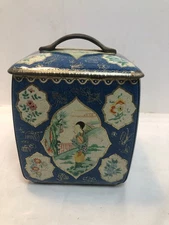 Vintage Tea Caddy Tin Canister Square Floral Japanese Geisha Asian