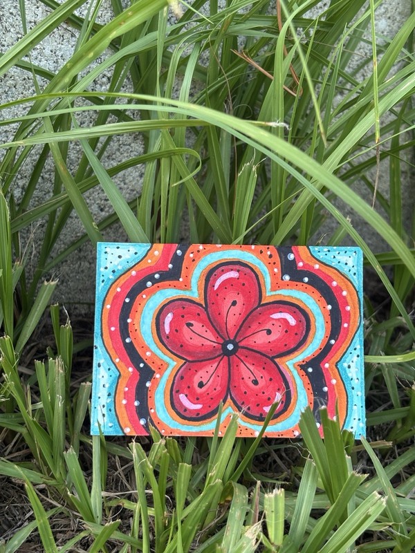 Red Whimsical Flower OOAK ACEO Original Alcohol Marker Art Mini Card 2.5x3.5”