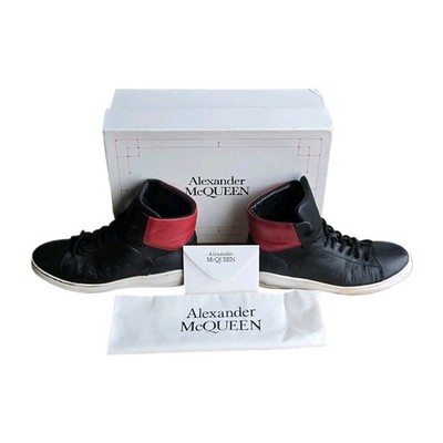 Alexander McQueen Black Leather Red High Top Sneakers Size 8.5