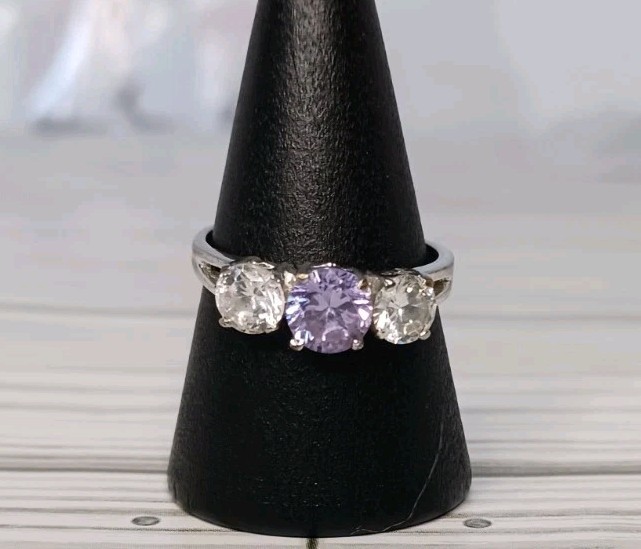 Amethyst Silver Plated Ring With Side Rhinestones - image 6