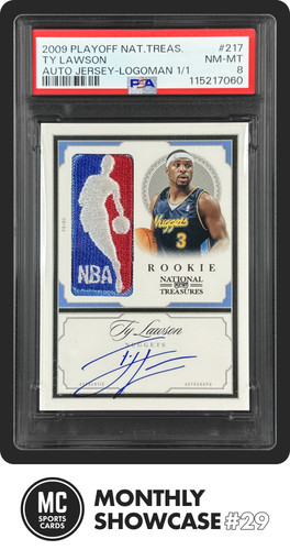 TY LAWSON PSA 8 2009 NATIONAL TREASURES #217 TRUE ROOKIE LOGOMAN PATCH AUTO 1/1
