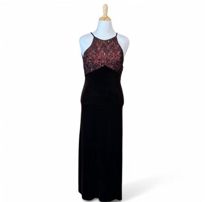 Y2K Betsy & Adam Sequin Lace Maxi Dress Sz 9/10 Black Velvet Open Back Prom