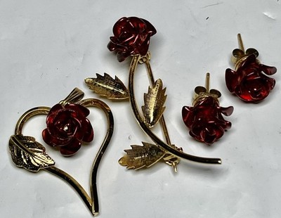 Vintage  12/20 Gold Filled & Metal Rose Broach, Pendant & Earring Set 4 Pcs Love