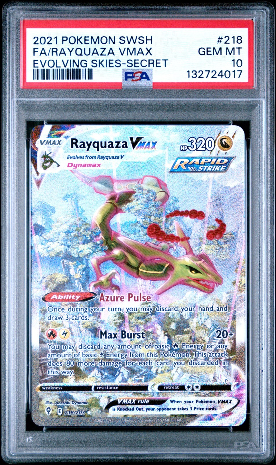 2021 Pokemon Evolving Skies Rayquaza VMAX Full Art #218 GEM MT 10 Alt Art Secret