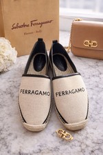 NEW SALVATORE FERRAGAMO LADIES CANVAS LEATHER LOGO ESPADRILLES LOAFERS AUTHENTIC