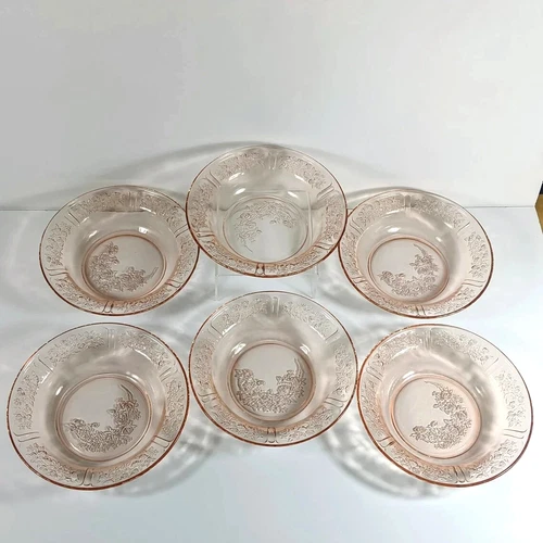 Set of 6 Federal SHARON Flat Rim Soup Bowls, Pink Depression Cabbage Rose 7 3/4"