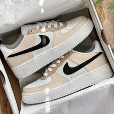 Nike Air Force 1 Custom White Shoes Beige Black Swoosh Sneaker Mens Womens Kids 