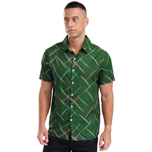 Mens Colorful Striped Casual Short Sleeve Button Down Vacation Holiday Tops - Picture 43 of 77