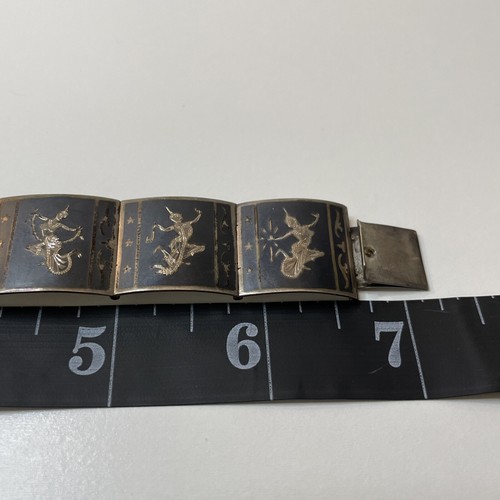 Vintage SIAM Sterling Silver 925 Panel Bracelet Enamel Niello Fan Dancers AL5.3 - Picture 18 of 20