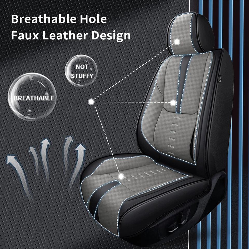 For Jaguar XF 2009-2024 Car 5 Seat Covers Cushion Pad Fuax Leather Black+Gray - Image 2 of 4