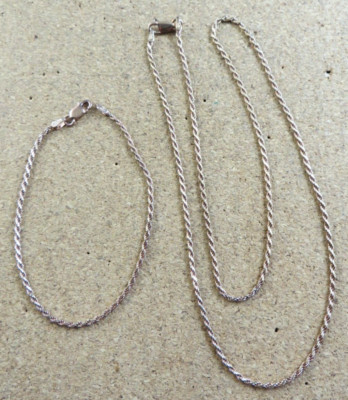 Rose Gold Vermeil Sterling Silver Rope Chain 8'' Bracelet & 20'' Necklace Set #814