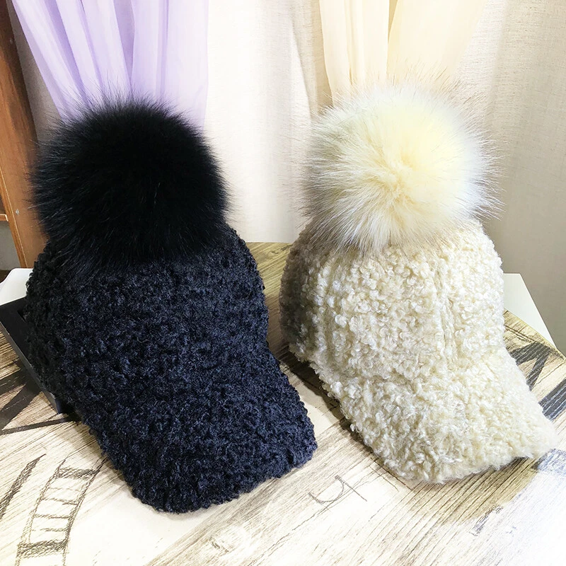 Ladies Adjustable Fleece Baseball Cap Hat Real Fur Pompom Bobble Preppy Winter