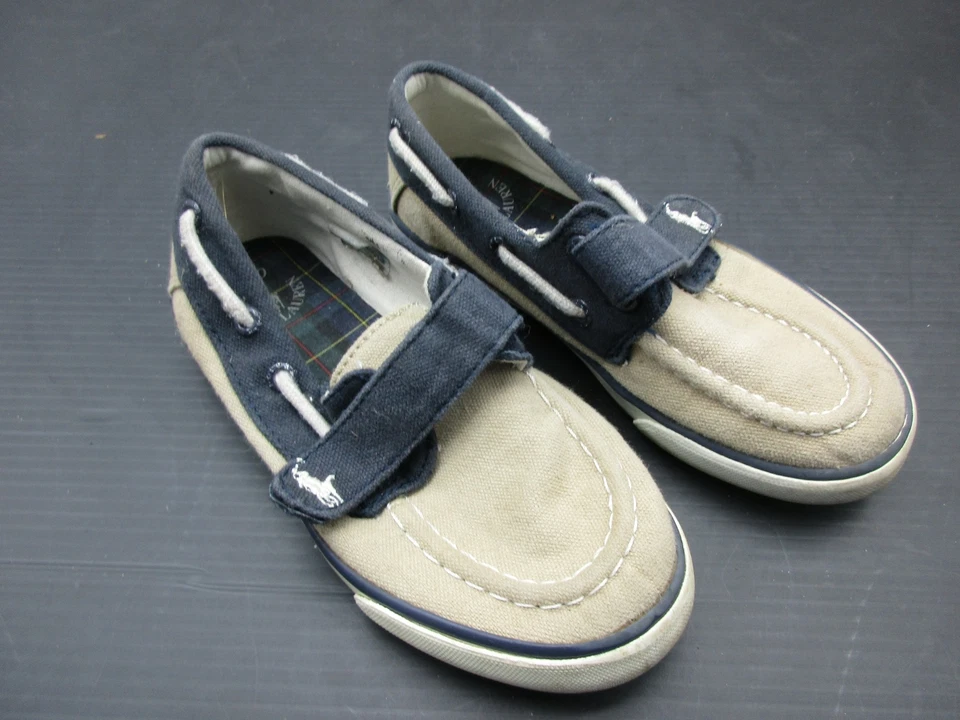 POLO RALPH LAUREN РАЗМЕР 11 МАЛЬЧИКОВ СИНИЙ/КОРИЧНЕВЫЙ ХОЛСТ ХОДЬБЫ ПОВСЕДНЕВНЫЕ МОКАСИНЫ 3E - Изображение 3 из 4