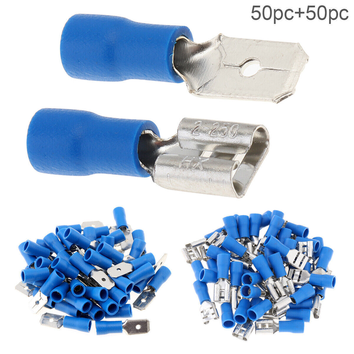 Blue Male & Female Spade 6.3mm Connectors Insulated Wire Crimp