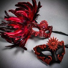 Venetian Sun God w/ Luxury Lace Side Feather Masquerade Couple Party Mask Red
