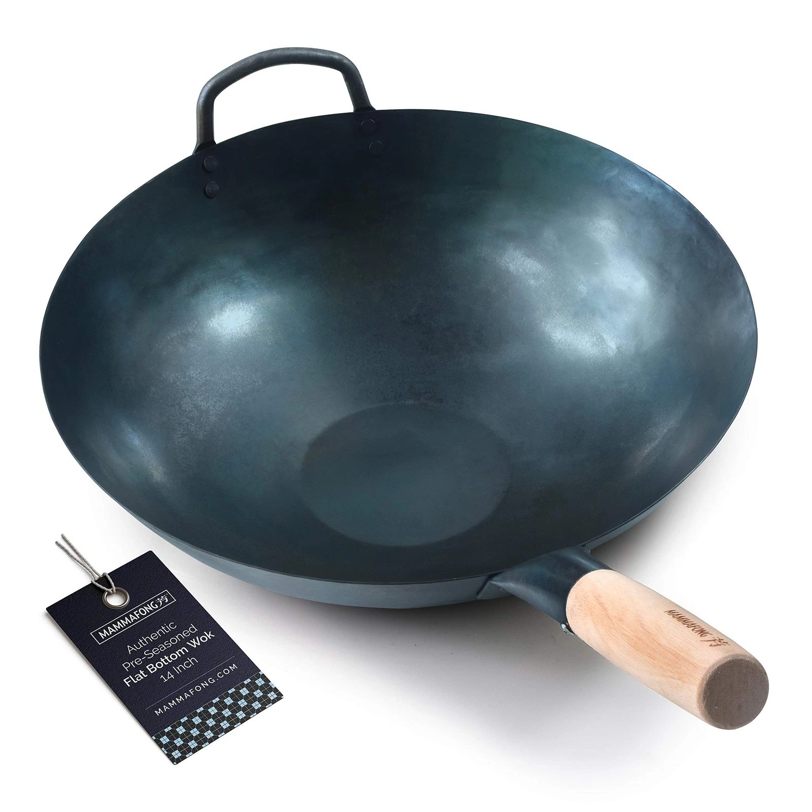 Mammafong Pre Seasoned Blue Carbon Steel Flat Bottom Wok -14 Inch Chinese Pow...