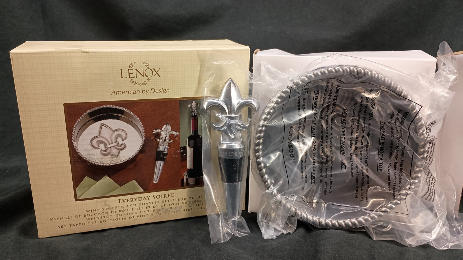 Lenox Everyday Soiree Wine Stopper And Coaster Set Fleur De Lis NIB