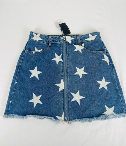 Fringe Denim Jean Small Mini Skirt Patriotic Stars NEW $50 - Picture 2 of 7