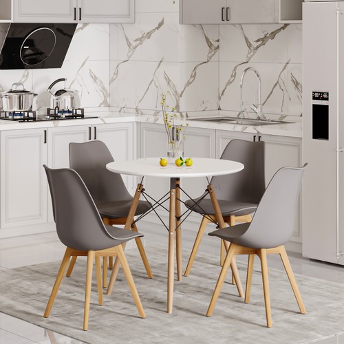 Round Dining Wooden/Glass Table and 4 Padded Grey Chairs Dining Set