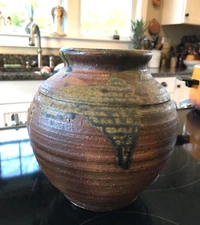 Antique late 20th Pottery Vase Drip Glaze Brown Signed Hand thrown see pics&comp