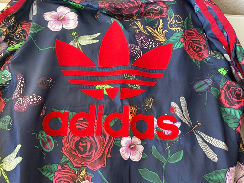 ADIDAS Rita Ora Floral Insect Satin Bomber Jacket Red Logo Stripes Blue XS EUC * - Picture 6 of 12