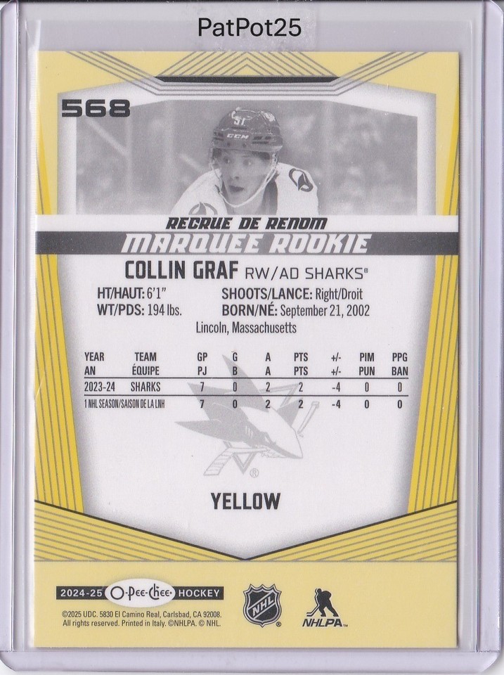 2024-25 O-Pee-Chee 568 Collin Graf marquee rookie YELLOW San Jose ...