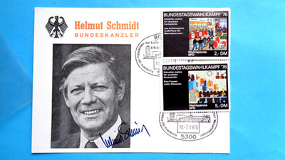 Autogramm-Karte Helmut Schmidt SPD +2 Wahlspenden 2,-DM, 5,-DM Bundestagswahl`76