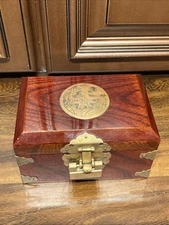 Vintage Asian Mahogany Rosewood Trunk Jewelry Box With Brass Corners Deer Lock 