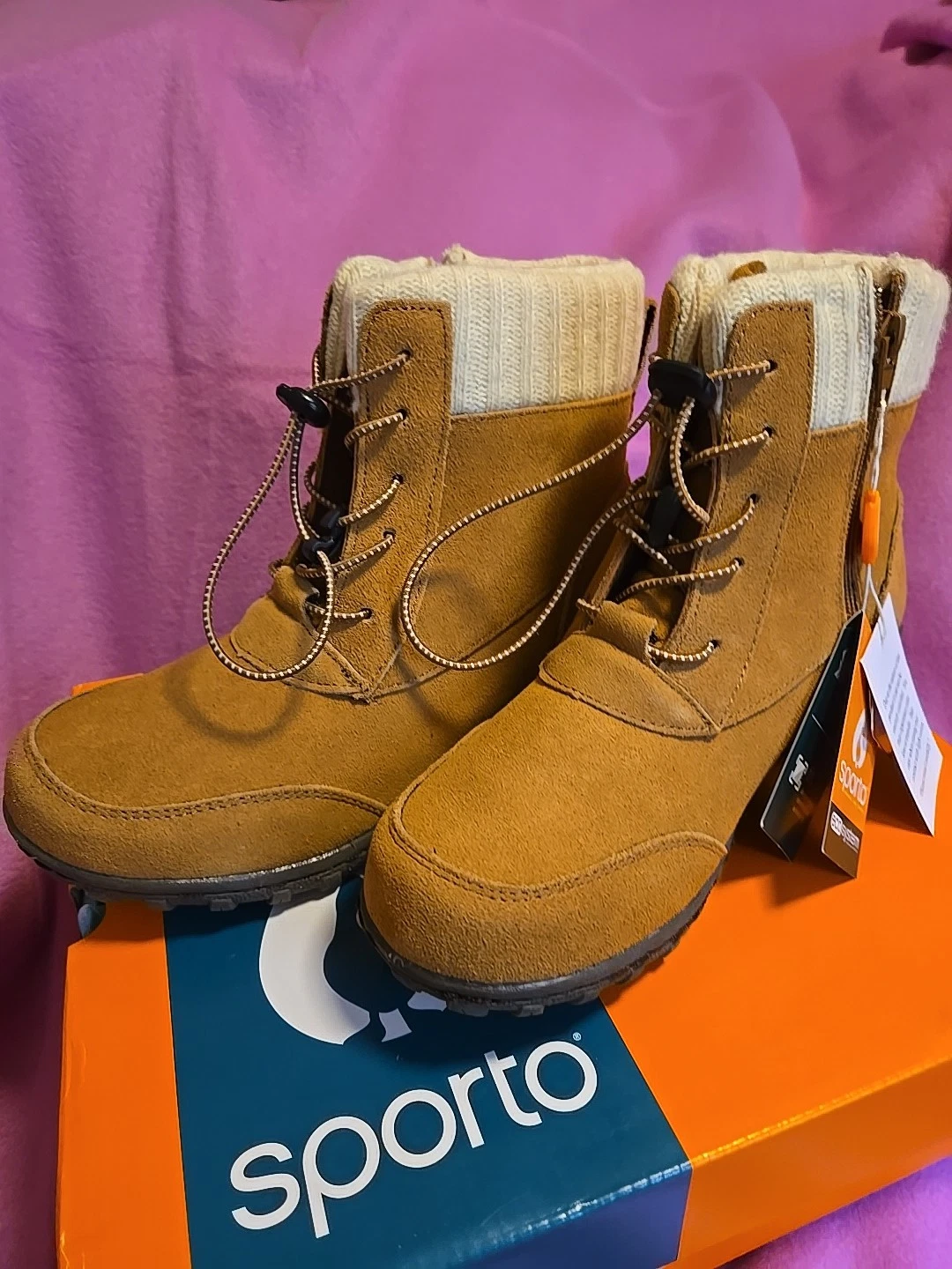 Sporto® Boho Ankle Boot Women's Suede Lace-Up Camel 9M Water-Resistant Side Zip