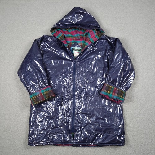 Wippette Jacket Women Medium Blue Vinyl Rainthings Rain Coat Plaid Flannel Lined - Picture 1 of 9