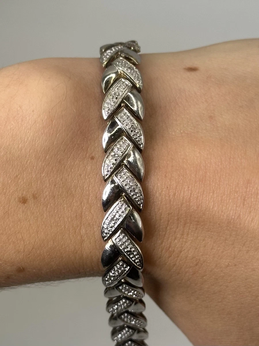 925 Sterlingsilber Diamant Akzent Chevron Welle Gliederarmband 7,5" 21,4 g
