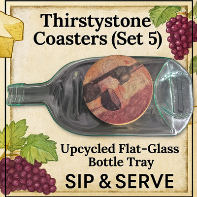   Thirstystone Coasters (Set 5) + Upcycled Flat-Glass Bottle Tray - SIP & SERVE