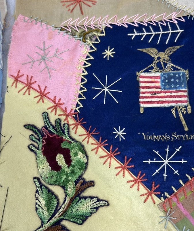antique crazy quilt blocks 2 silk velvet handmade 10x10 US flag original 19thc 