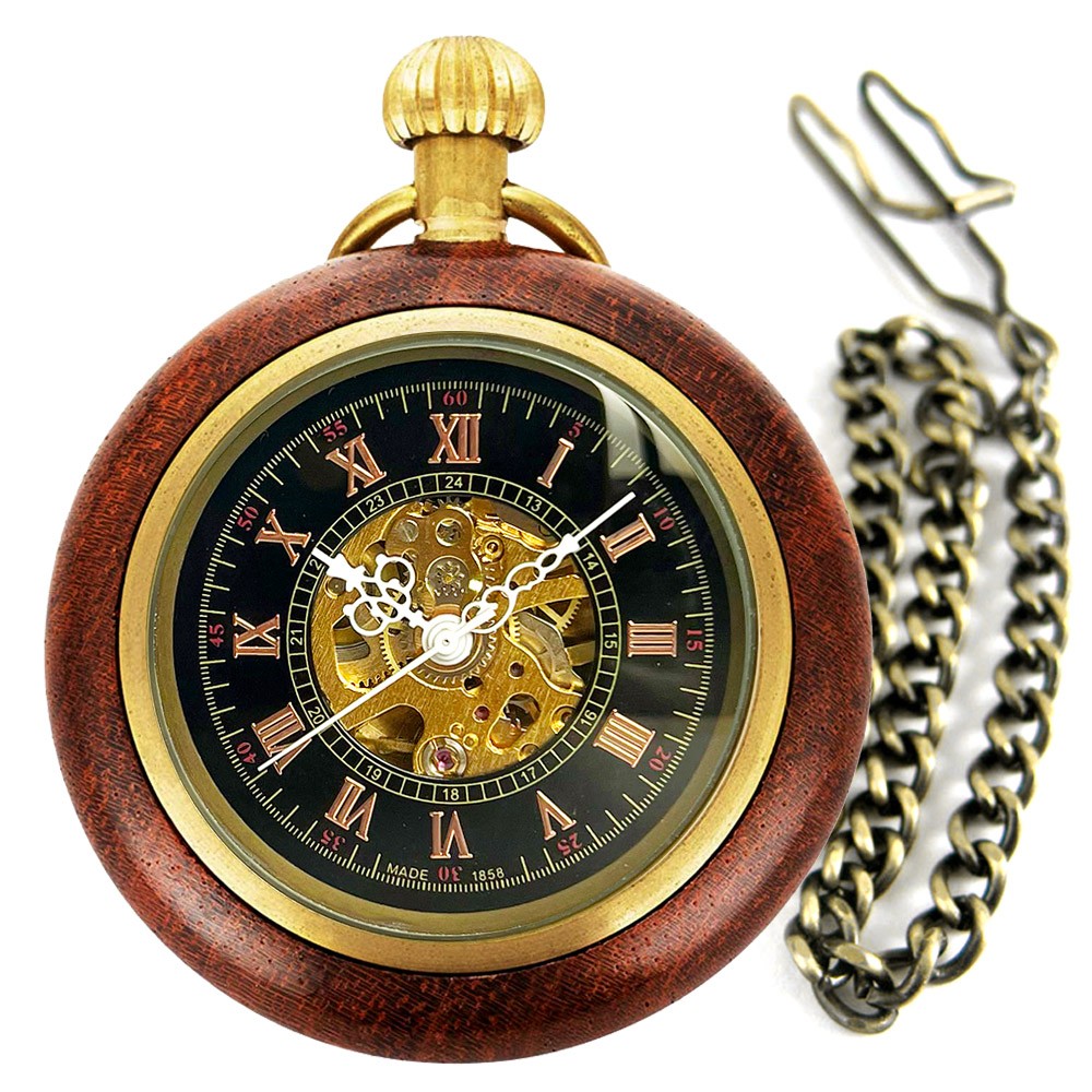 Vintage Wooden Classic Skeleton Wind Up Mechanical Pocket Watch Open Face Unisex
