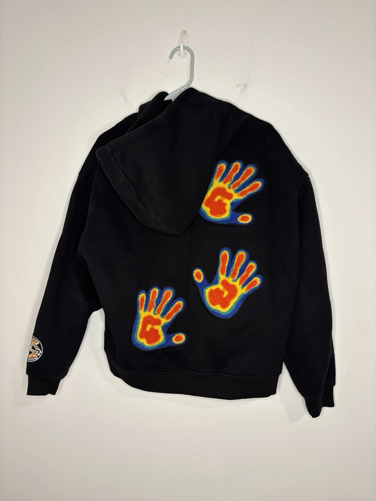 EMRZZZ Thermal Hoodie Sz M Black/Multi Chenille Street wear Y2K Grunge