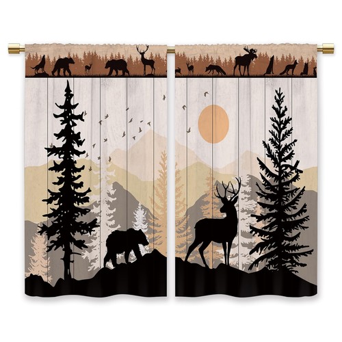 Farmhouse Forest Cabin Kitchen Curtains Rustic Wooden Small Short Cafe Window... - Picture 9 of 9