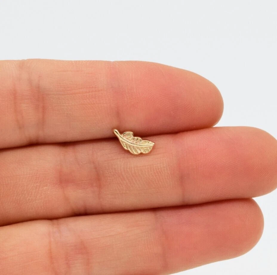 14K Solid Gold Leaf Shape Nose Piercings Barbell For Women 18 Gauge Piercings. - Image 3 of 4