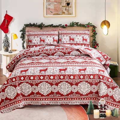 Red Gray Christmas Reindeer Bedding Bedspread Full/Queen Size Lightweight Thi...