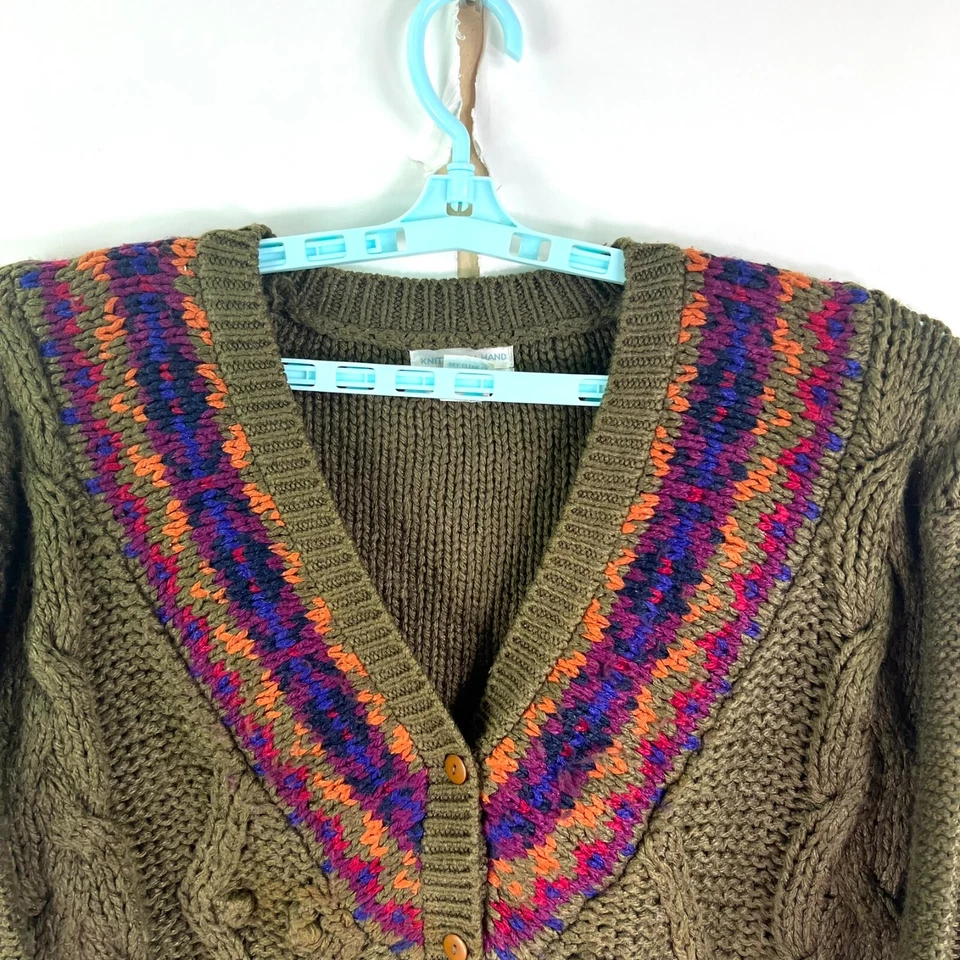 Cárdigan suéter vintage tejido a mano Jamie Scott para mujer talla L verde/púrpura Foto 3 de 4