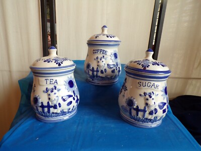 Set Blue Delft Deco Lidded Canisters Jars~Tea/Sugar?Coffee Handpainted  Holland