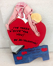 Vintage Dive For You Pool Valentine USA 1940's UNUSEDGreeting Card (EB9528)
