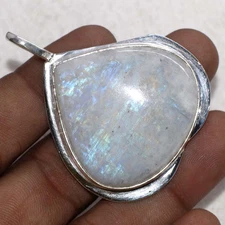Fine Finish Rainbow Moonstone 925 Silver Plated Gemstone Pendant 2" JW