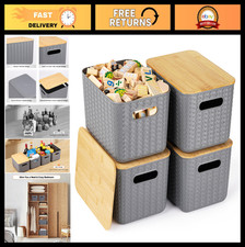 4 Pack Stackable Storage Bins with Bamboo Lids - Plastic Organizing Containers f