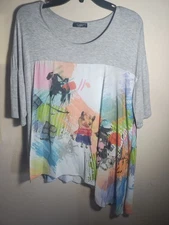 Inoah Top Women L Flowy Tunic With Cat Boho Artsy Colorful Asymmetrical