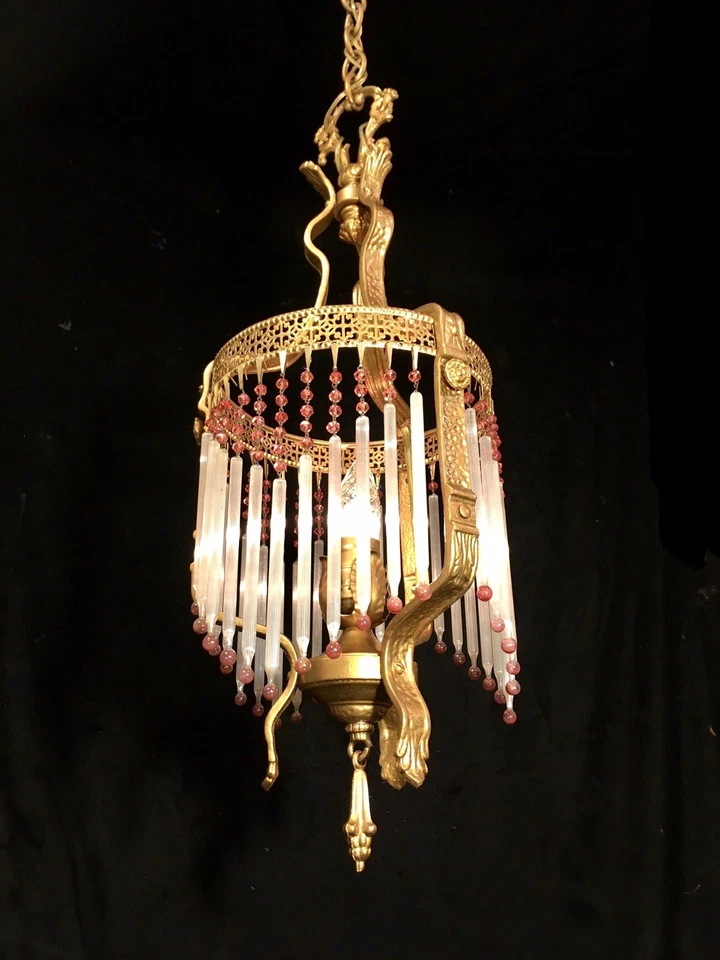 Antique Victorian 34" Long Pendant Chandelier Glass Fringe Restored Rewired - Image 3 of 4