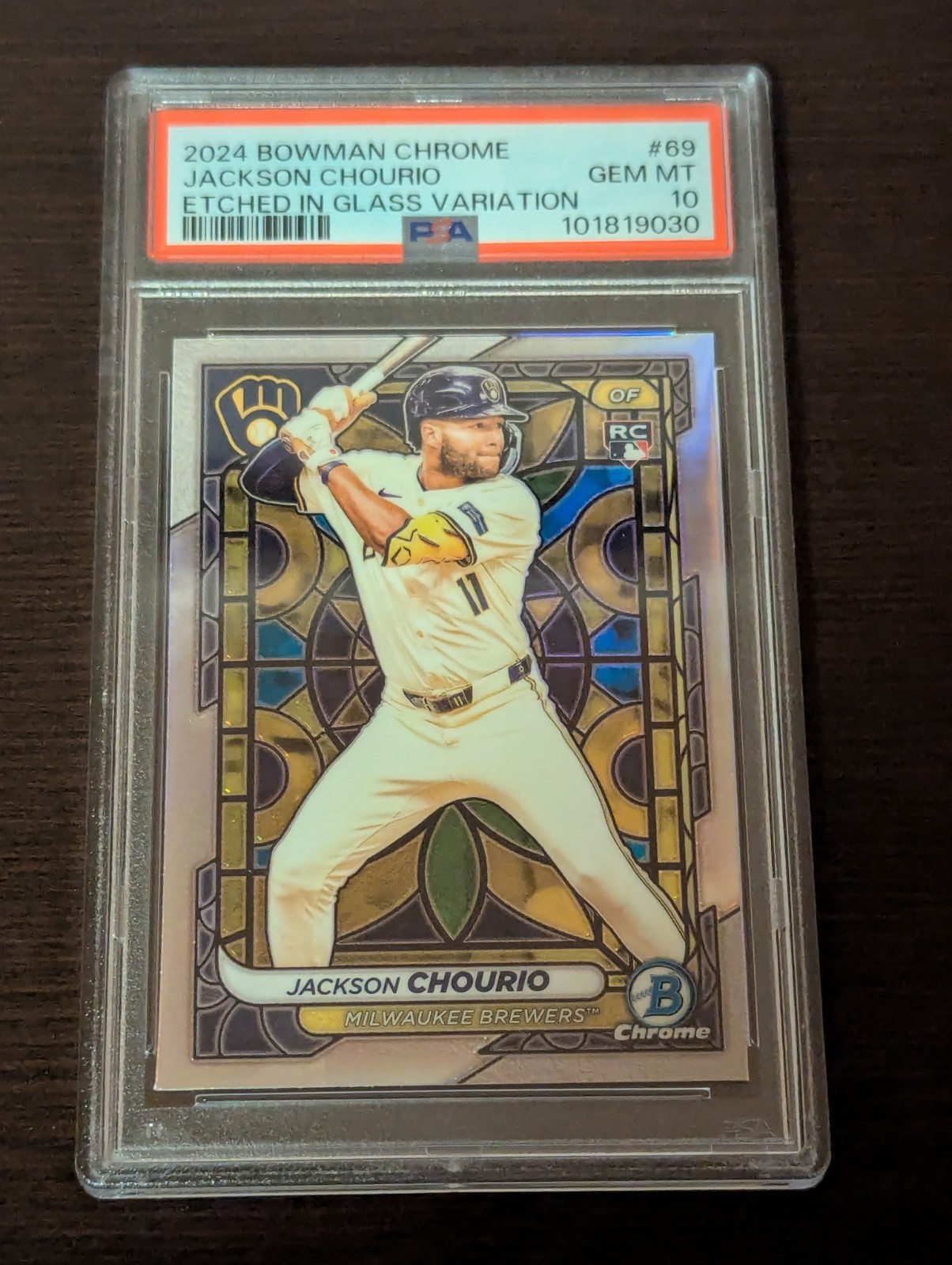 JACKSON CHOURIO 2024 BOWMAN CHROME ETCHED IN GLASS ROOKIE SSP RC Brewers PSA 10