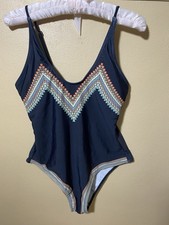 Womens Black One Piece Swimsuit NWOT Multi Color Trim Adjust Straps Lined Cup L