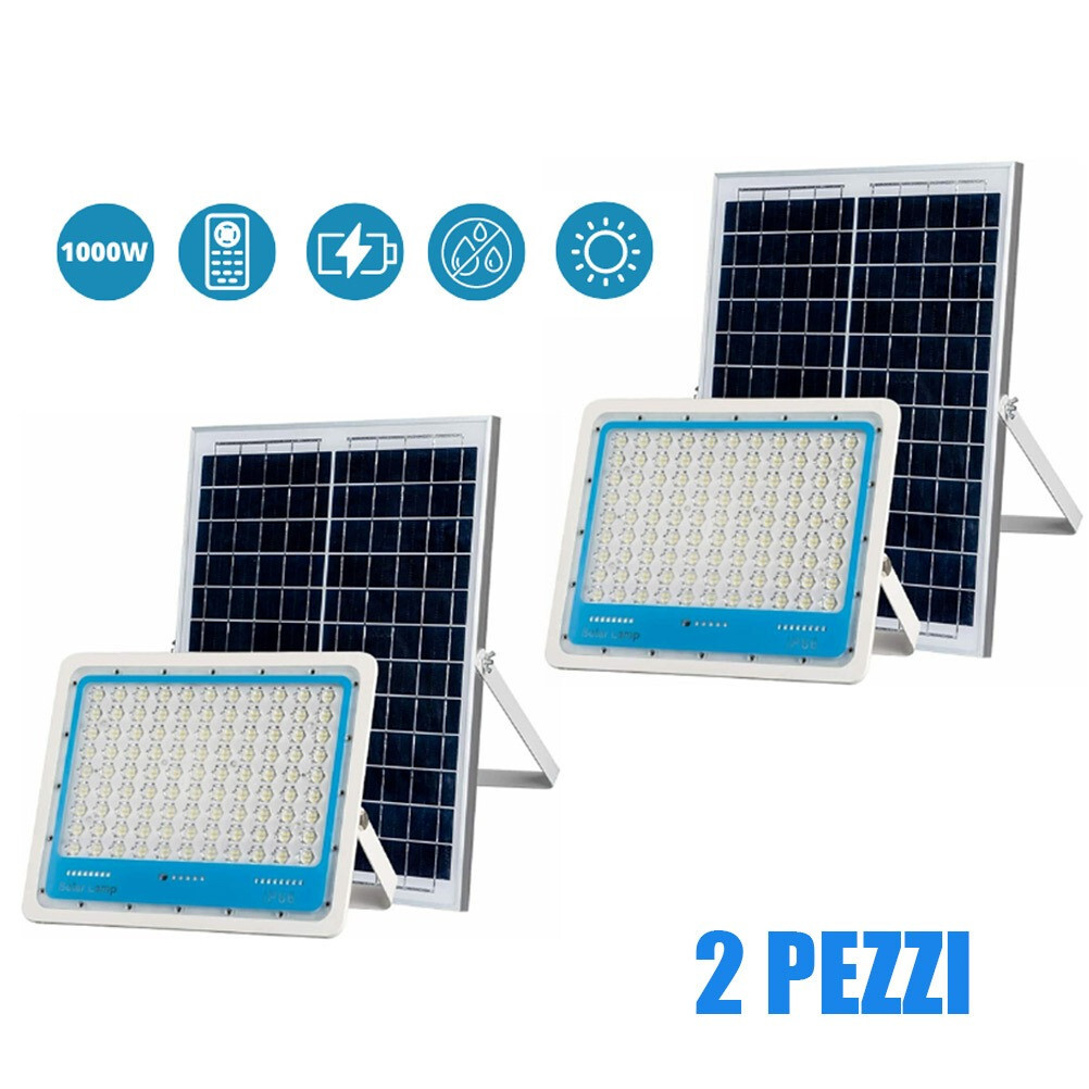 Coppia Fari Solari LED 1000W Sicurezza Esterna IP66 Fotovoltaico